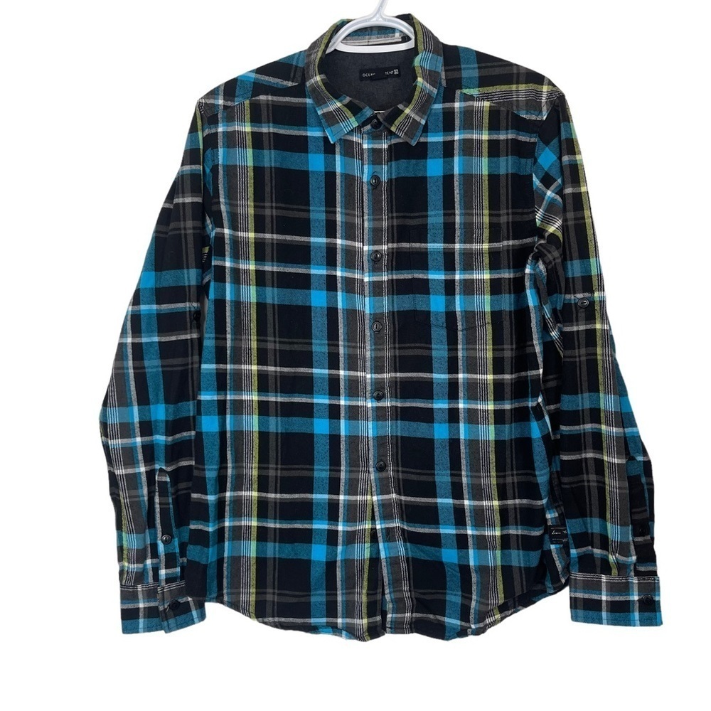 Ocean Current Black Blue Plaid Long Sleeve Roll Up Flannel Dress Shirt Size Med